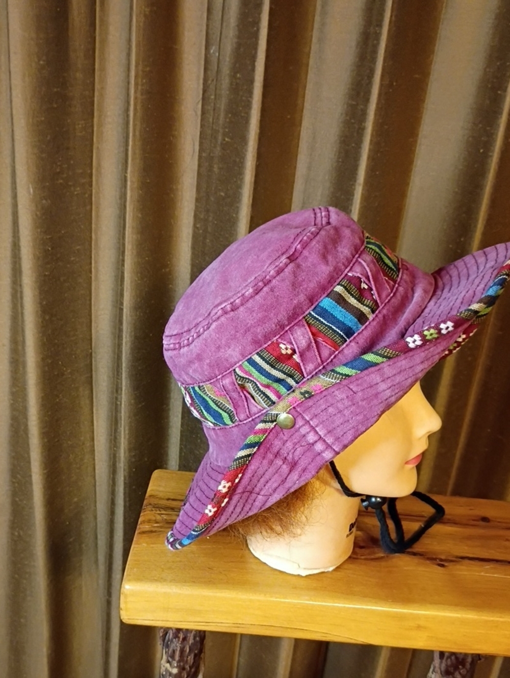 Women’s Purple Wide-Brim Bucket Hat with Patterned Trim